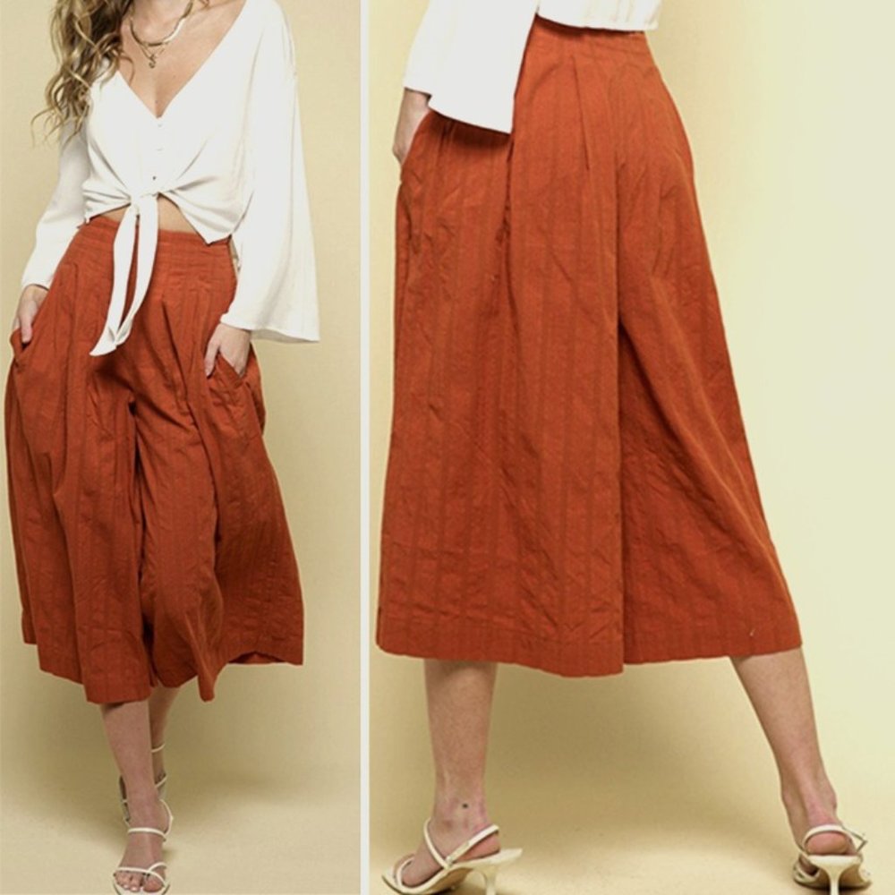 High-Rise Cropped Wide-Leg Pants in Rust Orange